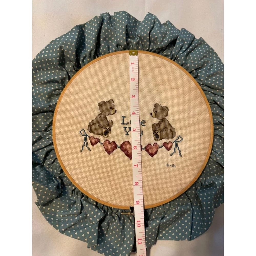 Handmade Cross Stitch Wall Hanging 80s Teddy Bears Love you Hearts